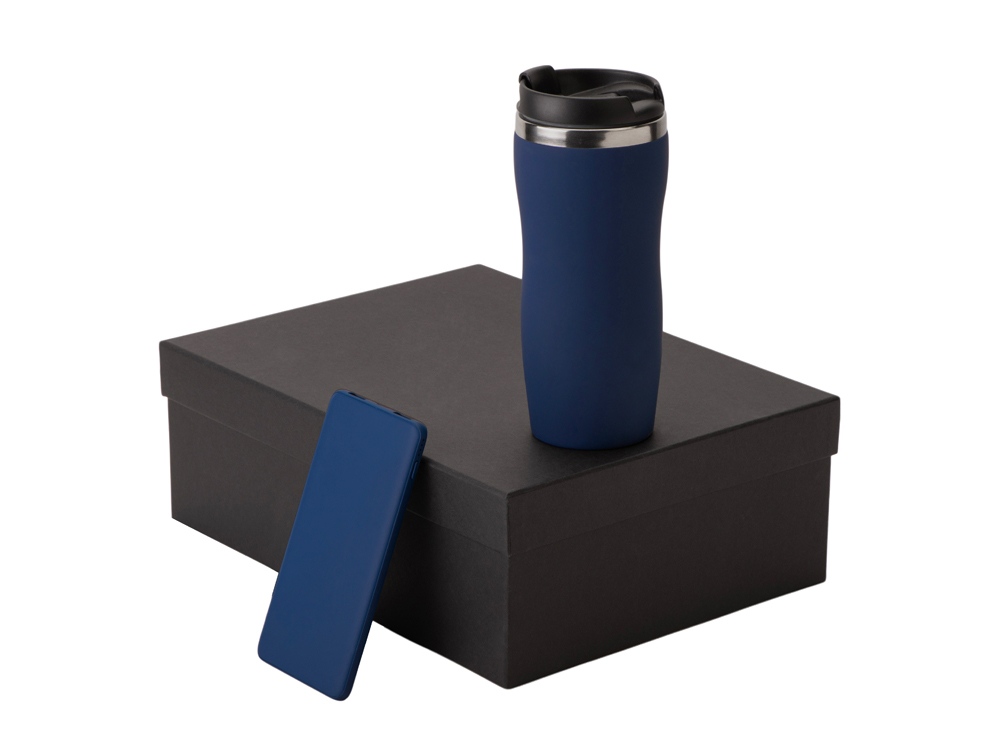 Подарочный набор c вакуумной термокружкой и повербанком С1, темно-синий-0