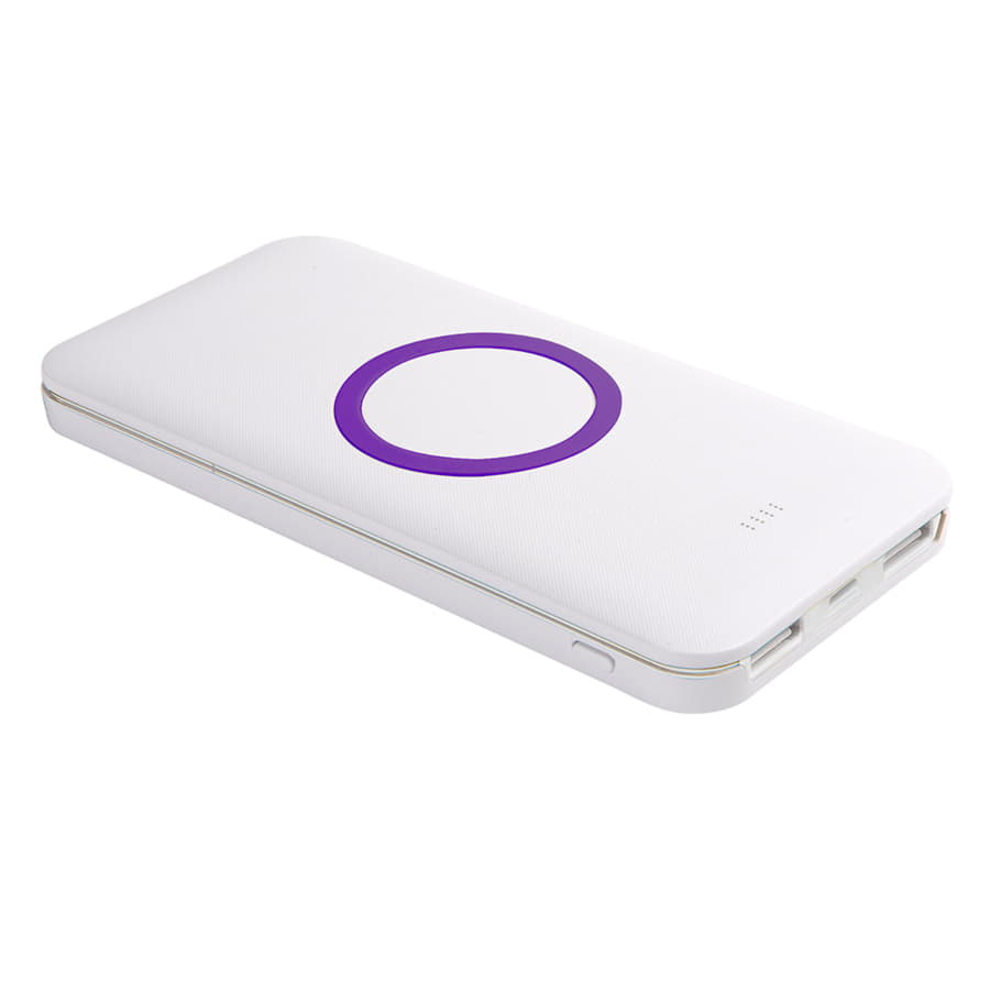 Универсальный аккумулятор с функцией беспроводной зарядки SATURN,белый с фиолетовым,15х7,3х1, белый, фиолетовый-1