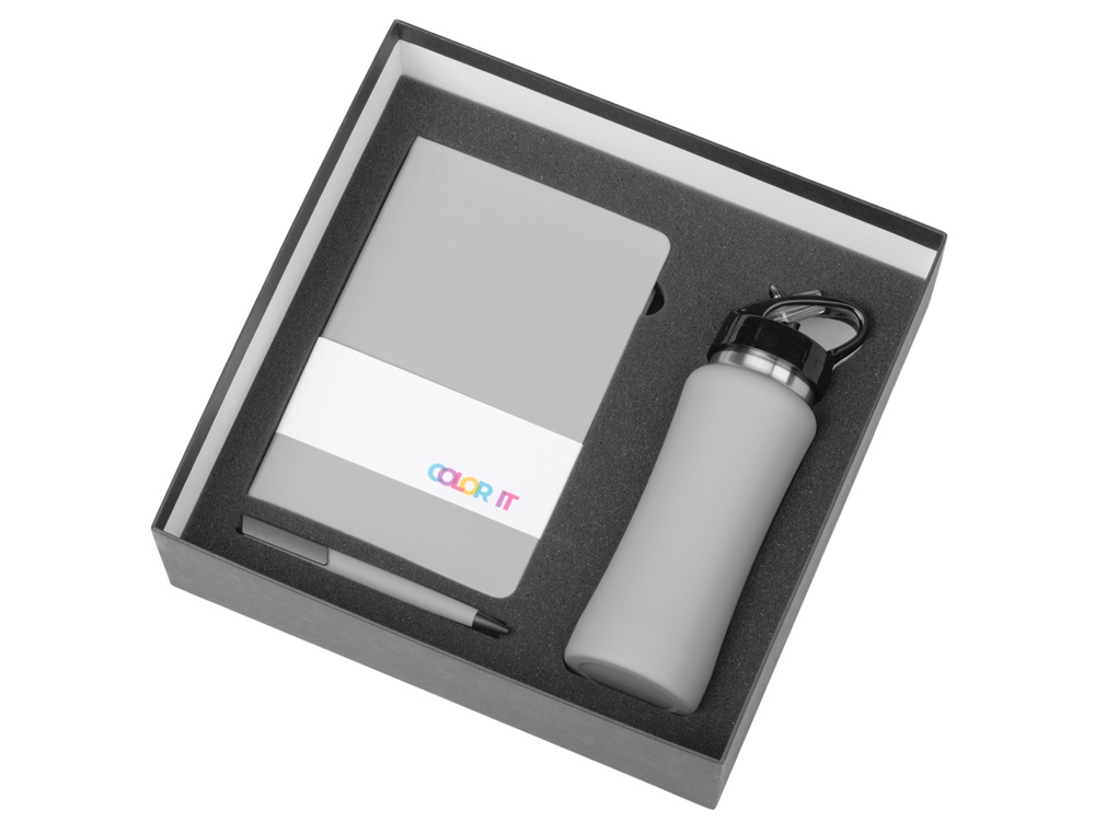 Подарочный набор c блокнотом C1, ручкой и бутылкой, серый-1