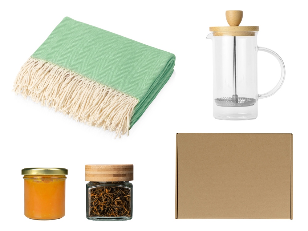 Подарочный набор с пледом, френчпрессом, чаем и вареньем, зеленый-0