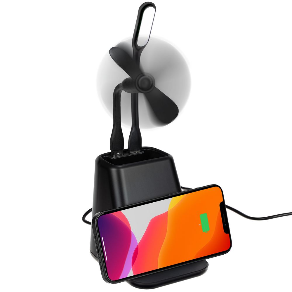 Настольный органайзер с зарядкой, лампой, вентилятором и подсветкой логотипа powerTower, черный-0