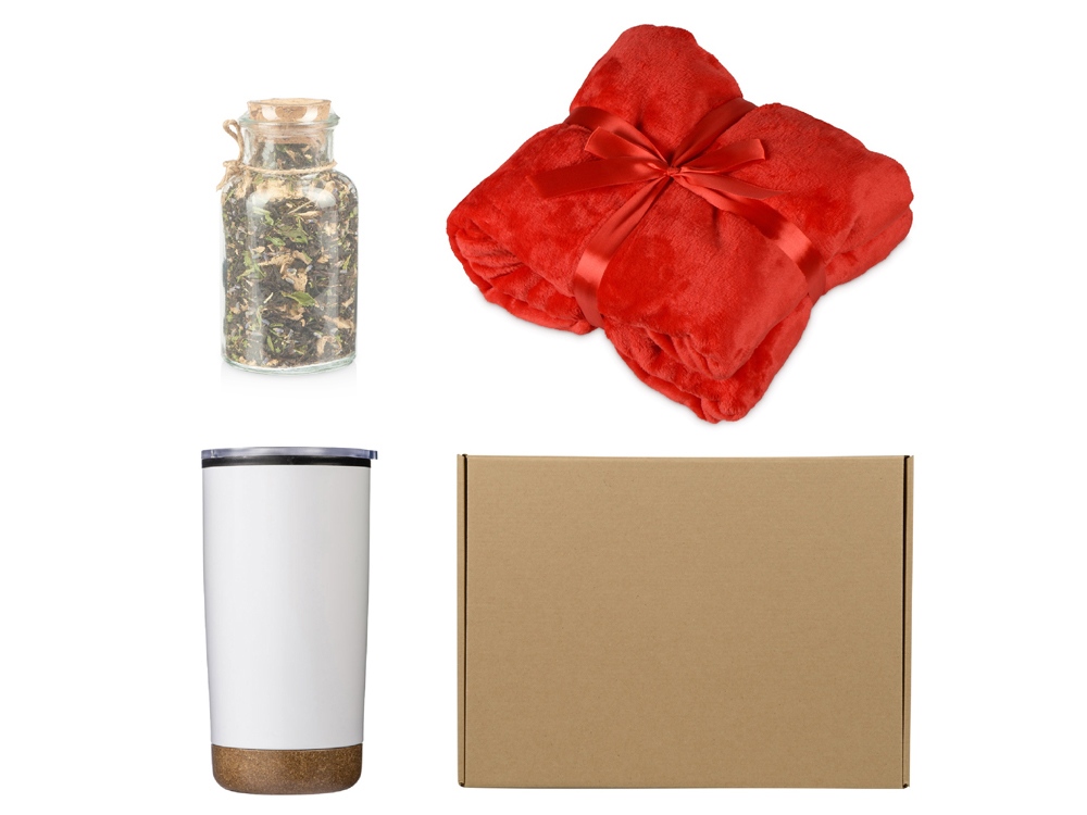 Подарочный набор с пледом, термокружкой и чаем, красный-0