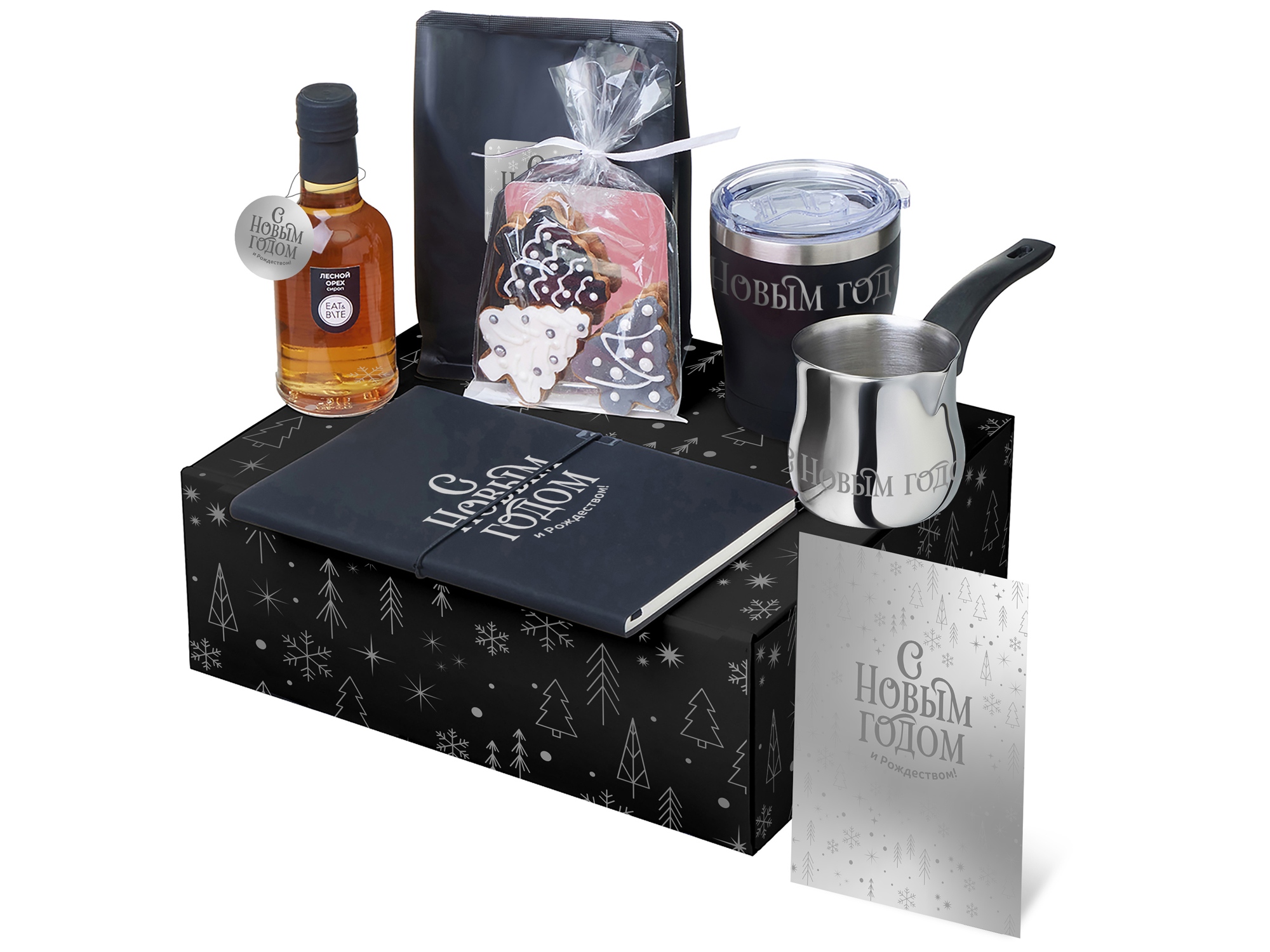 Подарочный набор с туркой, кофе и термокружкой, черный-0