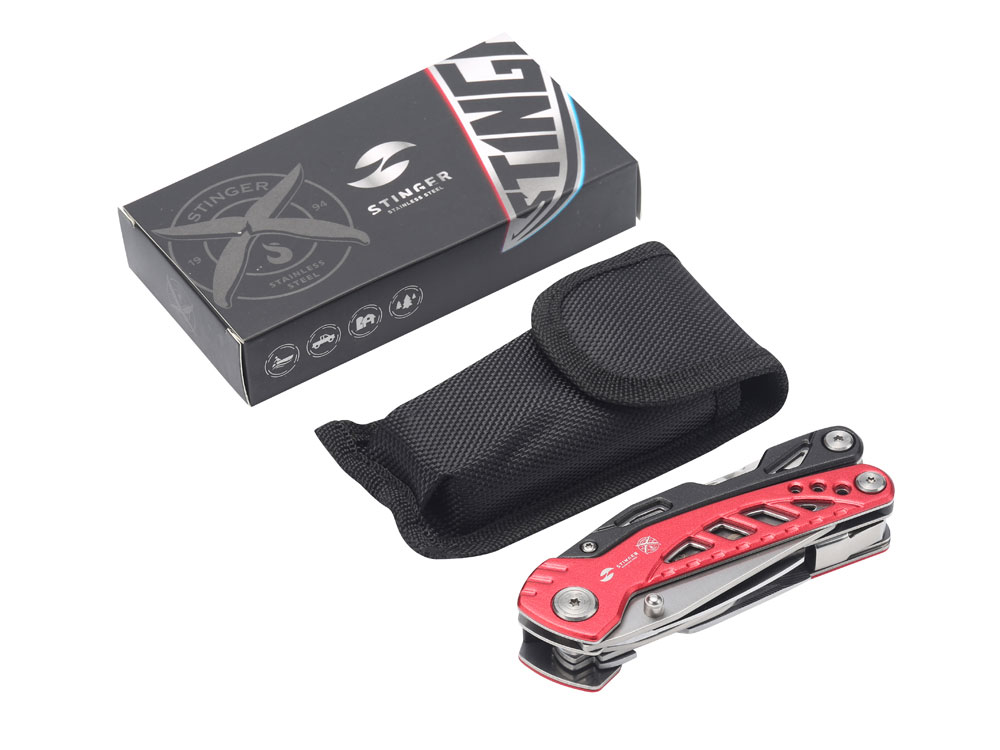 Мультитул Stinger, 105x30 мм, 11 функций, сталь/алюминий, красно-чёрный, в нейлоновом чехле-4