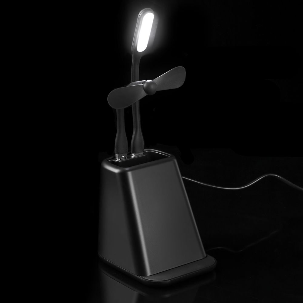 Настольный органайзер с зарядкой, лампой, вентилятором и подсветкой логотипа powerTower, черный-4