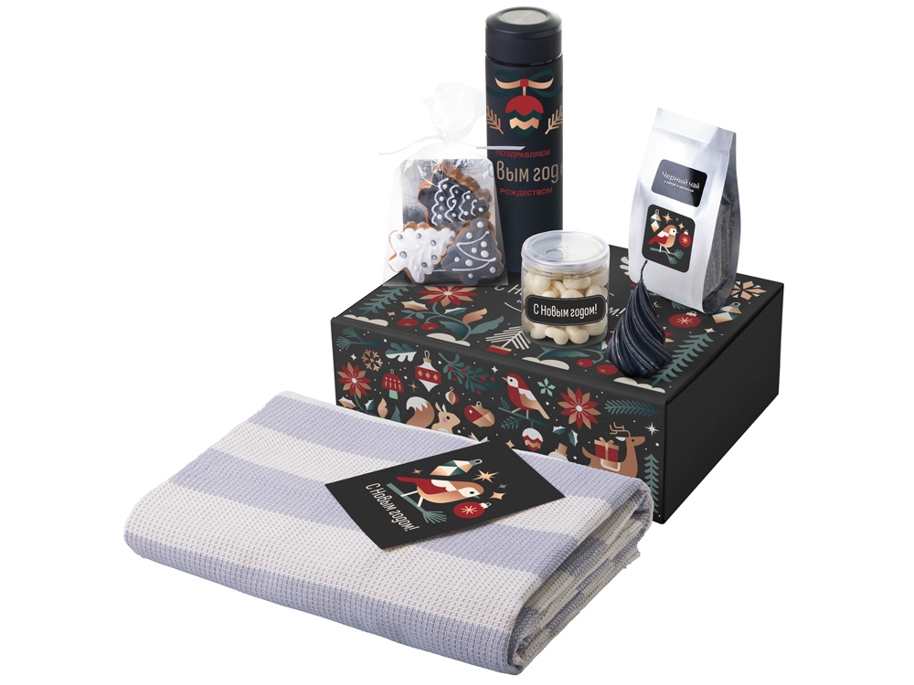 Подарочный набор c пледом, термосом, свечой и миндалем, черный-0