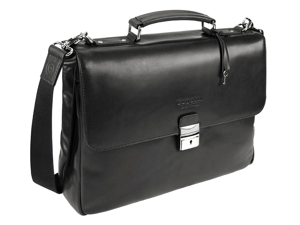 Портфель BUGATTI Romano 15'', чёрный, натуральная воловья кожа, 40х12х30 см-0