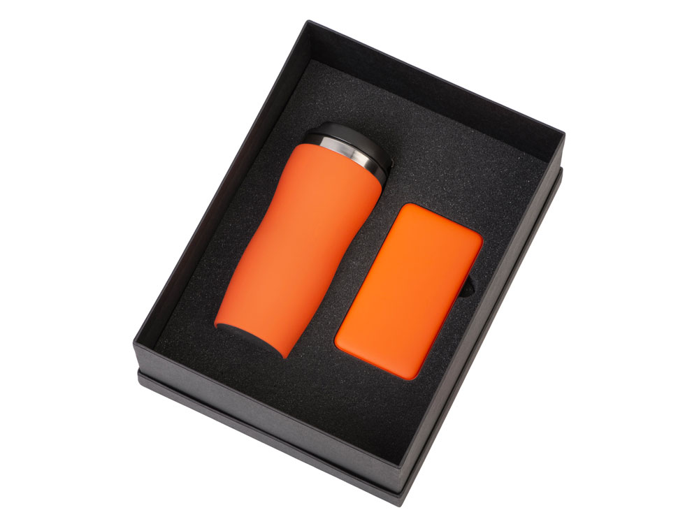 Подарочный набор c вакуумной термокружкой и повербанком С1, оранжевый-1