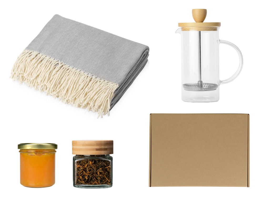 Подарочный набор с пледом, френчпрессом, чаем и вареньем, серый-0
