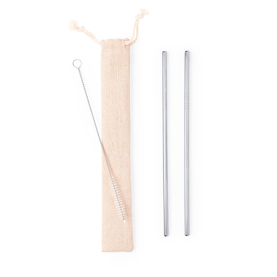 Коктейльные трубочки (2 шт.) с ершиком в чехле KALUX, 3,5х24,5см, нержавеющая сталь, хлопок, серебристый-0