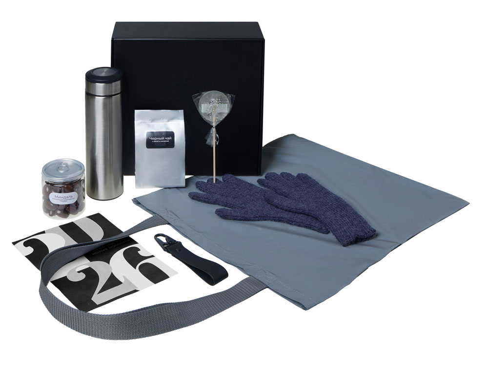 Подарочный набор с перчатками, термосом и чаем, темно-синий-1