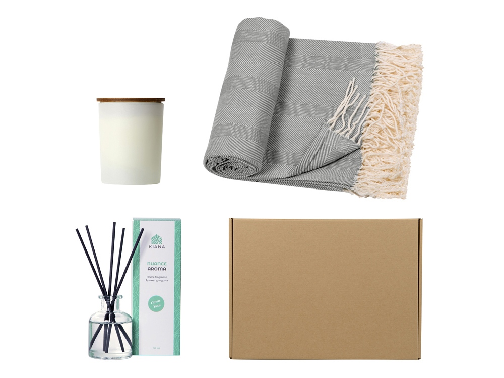 Подарочный набор с пледом, свечой и диффузором, серый-0
