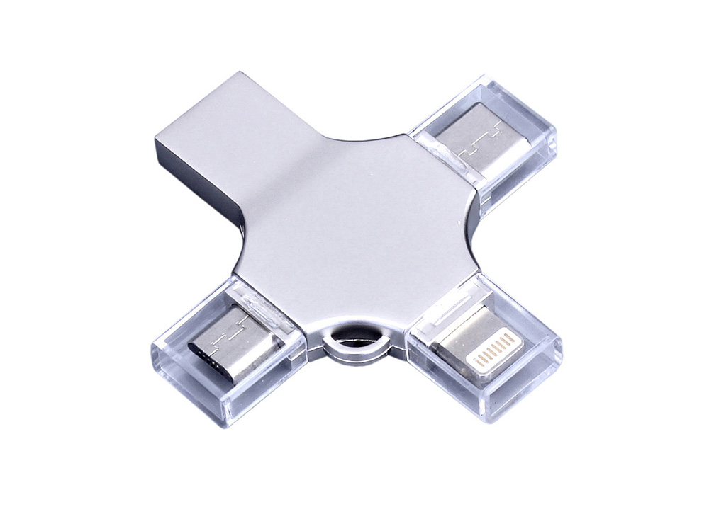 USB-флешка на 128 Гб 4 в 1 поворотный механизм, c дополнительными разъемами MicroUSB, TypeC и Lightning, серебристый-1