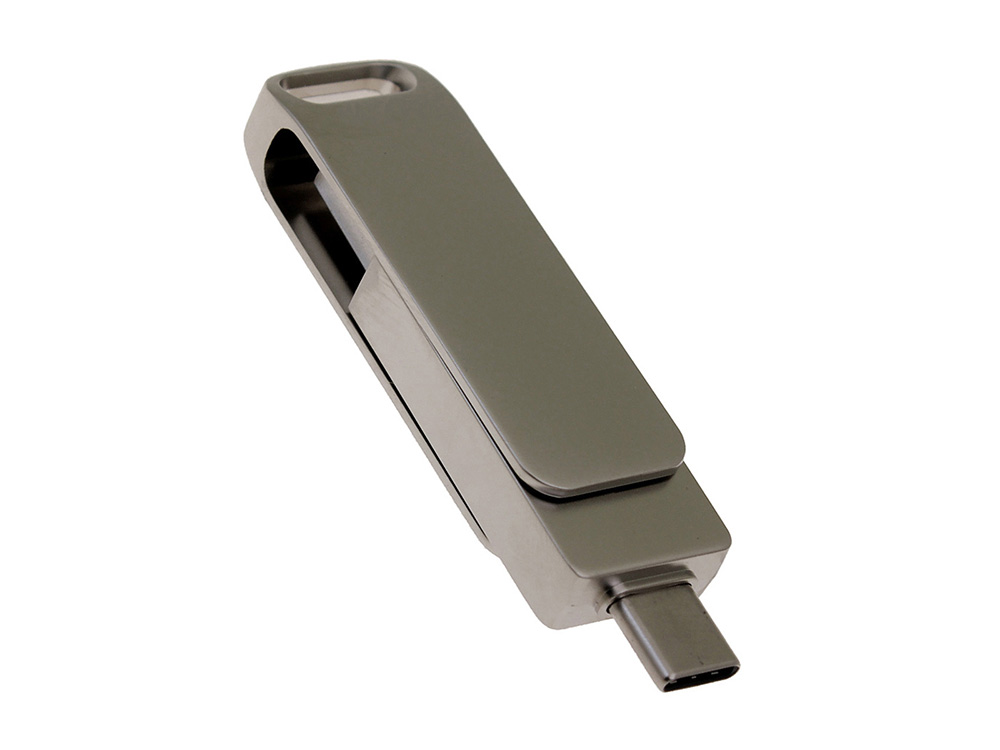 USB 2.0- флешка на 64 Гб поворотный механизм 2 в 1, c дополнительным разъемом Type-C с одноцветным металлическим клипом, серый-1