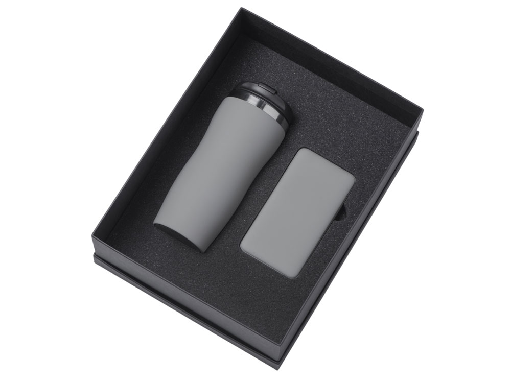 Подарочный набор c вакуумной термокружкой и повербанком С2, серый-1