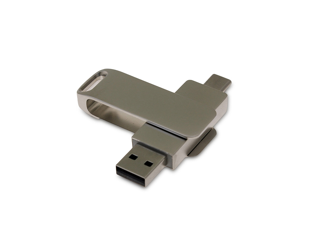 USB-флешка на 128 Гб поворотный механизм 2 в 1, c дополнительным разъемом Type-C с одноцветным металлическим клипом, серый-0