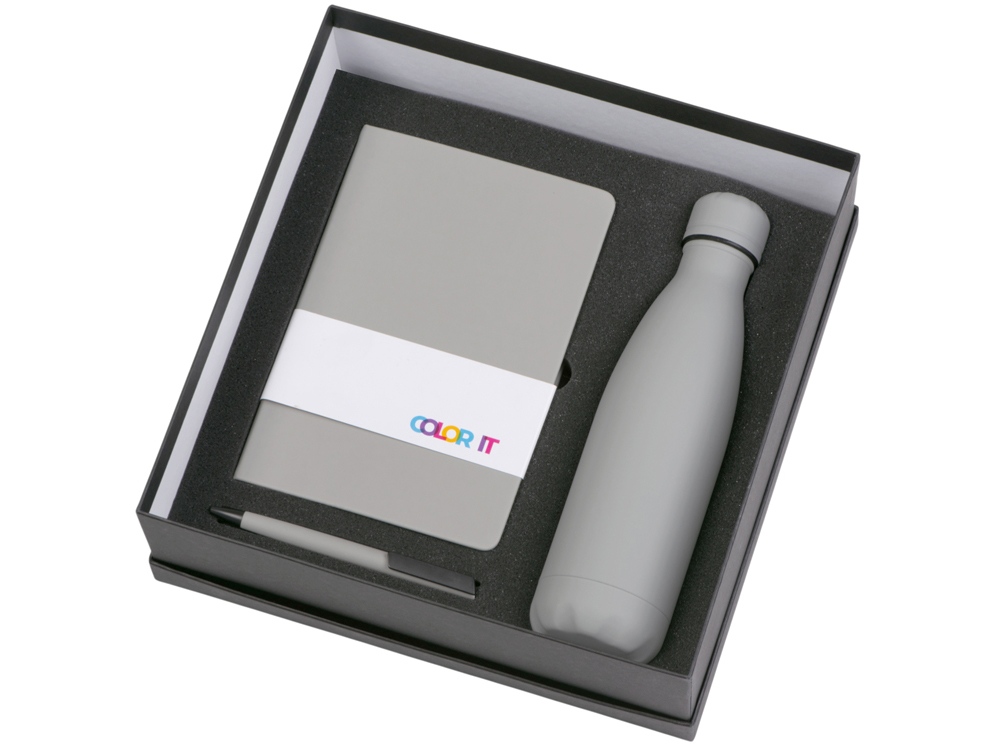 Подарочный набор c блокнотом C2, ручкой и термобутылкой, серый-1