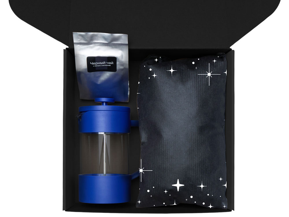 Подарочный набор c френчпрессом, кружками и чаем, синий-2