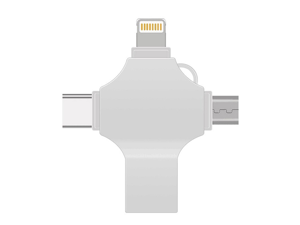 USB-флешка на 32 Гб 4 в 1 поворотный механизм, c дополнительными разъемами MicroUSB, TypeC и Lightning, серебристый-2