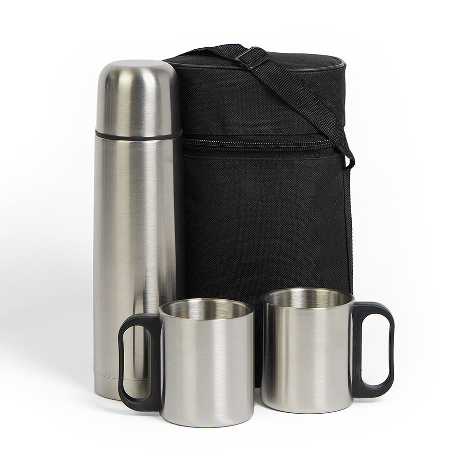 Термос, 2 кружки в чехле: 26х16х10 см; термос 500 мл; кружки 220 мл; металл, нейлон, серебристый, черный-0