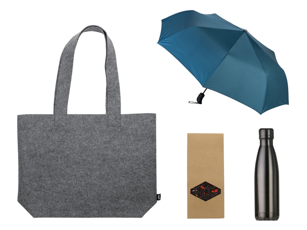 Подарочный набор с зонтом и термобутылкой в шопере, синий-0