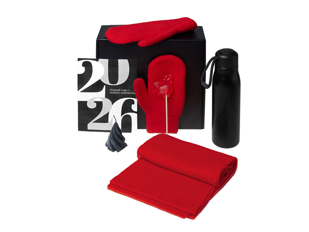 Подарочный набор с варежками, шарфом и термосом,красный-1