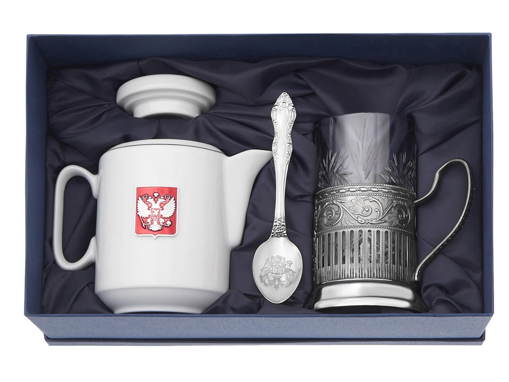 Чайный набор с подстаканником и фарфоровым чайником ЭГОИСТ-М, серебристый/белый-1