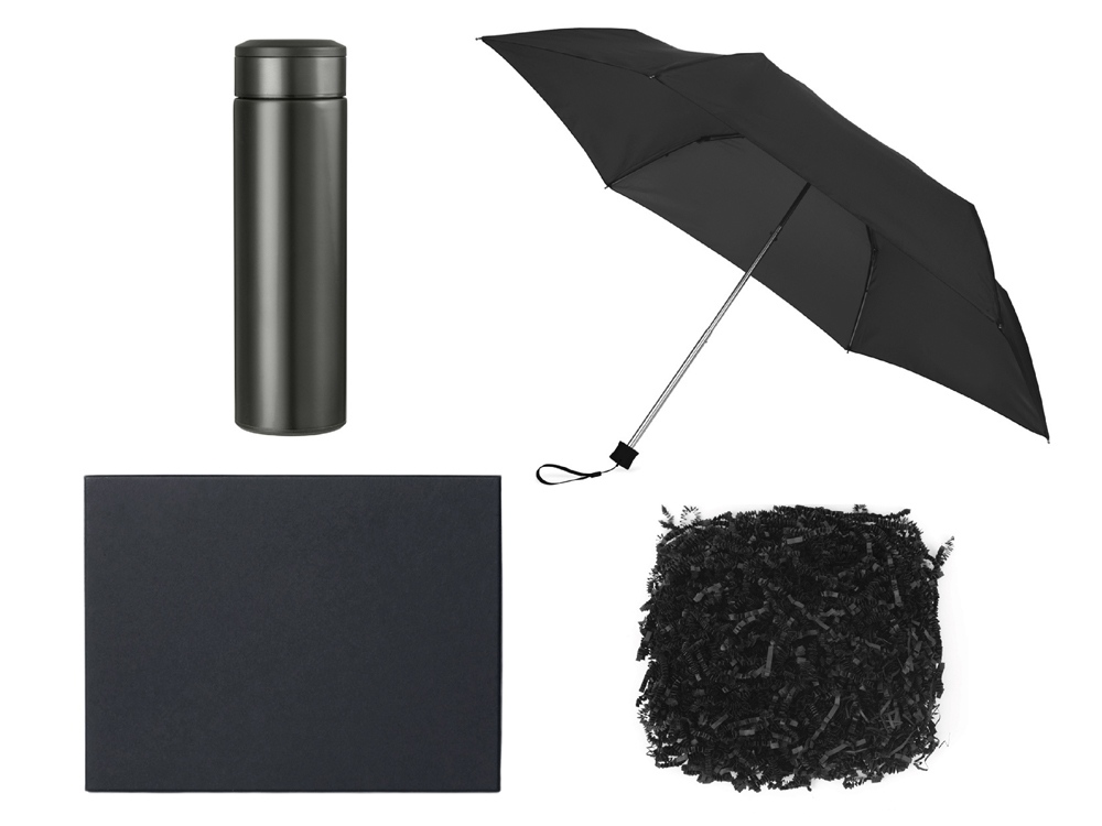 Подарочный набор с зонтом и термосом, черный-0