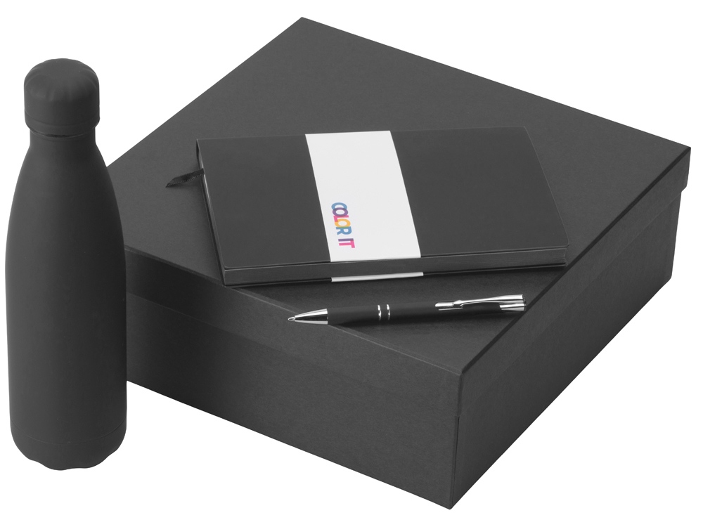 Подарочный набор с блокнотом С1, металлической ручкой и термобутылкой, черный-0