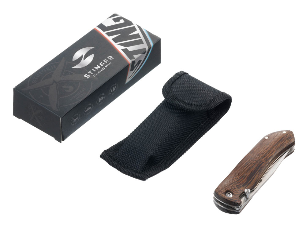 Нож складной Stinger, 77 мм (серебристый), материал рукояти: древесина венге (коричневый)-4