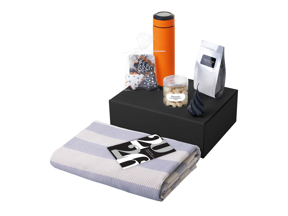 Подарочный набор c пледом, термосом, свечой и миндалем, оранжевый-1