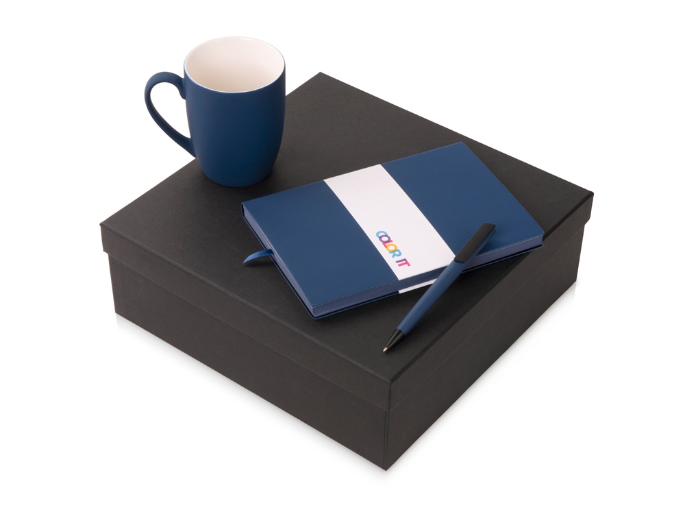 Подарочный набор c блокнотом C1, ручкой и кружкой, темно-синий-0