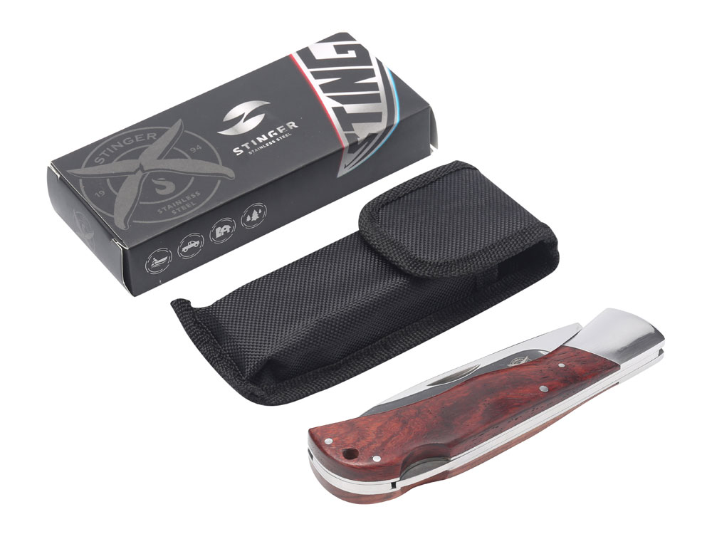 Нож складной Stinger, 104 мм, (серебристый), материал рукояти: сталь/дерево (серебристо-коричневый)-4