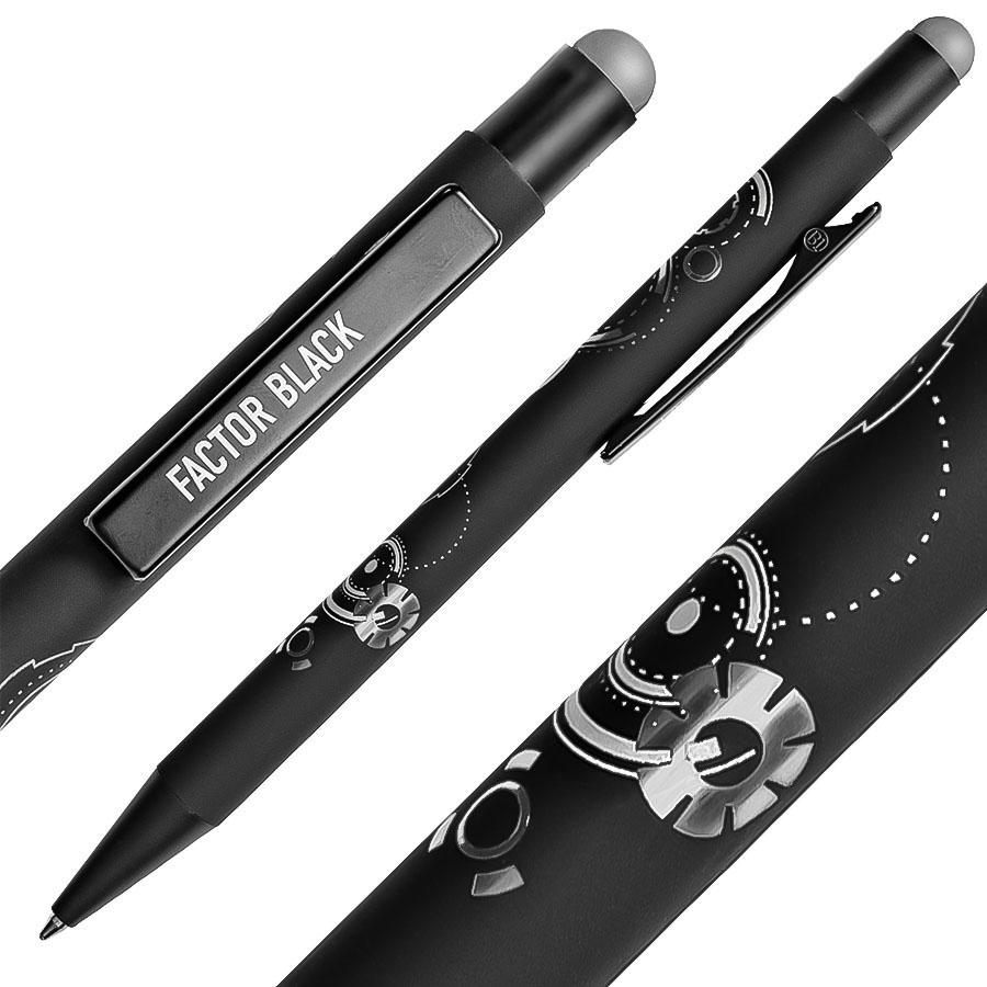 Ручка шариковая FACTOR BLACK со стилусом, черный, серебристый-5