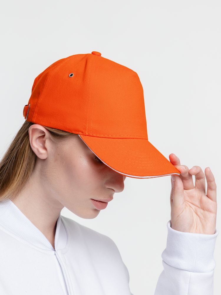 Бейсболка Classic, оранжевая с белым кантом-4