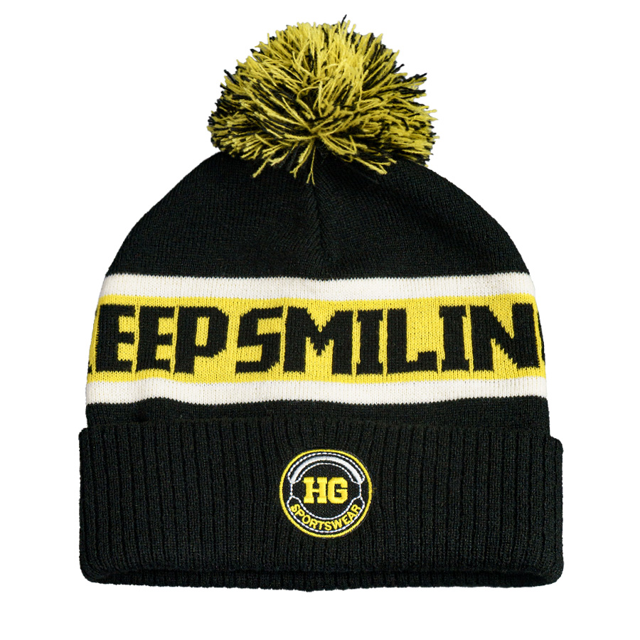 Образец вязанная шапка с помпоном и отворотом, двойная, 100% аркил, черный, желтый-0