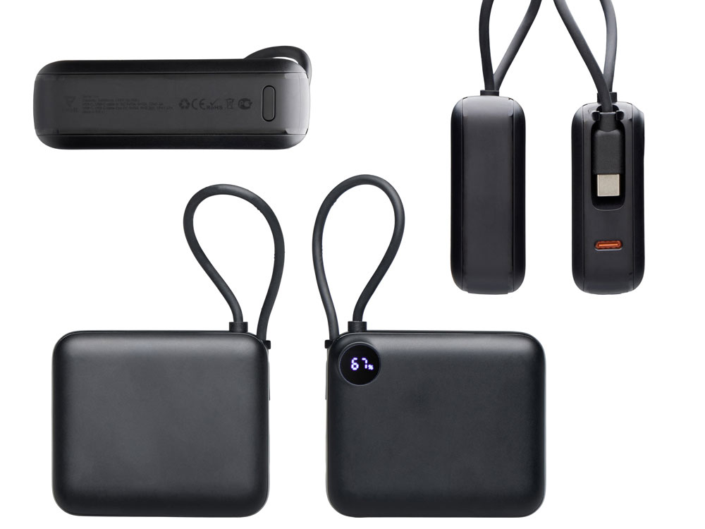 Внешний аккумулятор со встроенным кабелем Liri, QC/PD, 10000 мАч, черный-3