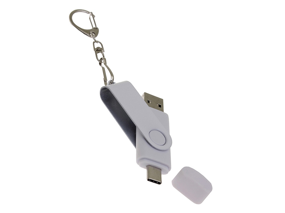 USB-флешка на 64 Гб 2 в 1 поворотный механизм, c дополнительным разъемом Type-C с одноцветным металлическим клипом, белый-3