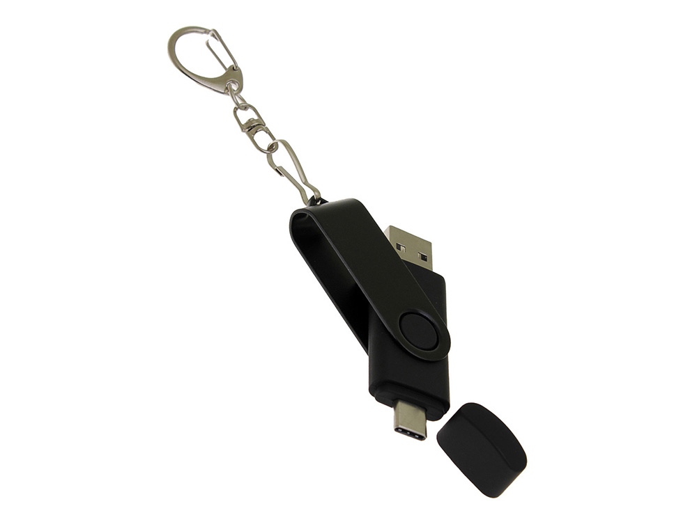 USB-флешка на 64 Гб 2 в 1 поворотный механизм, c дополнительным разъемом Type-C с одноцветным металлическим клипом, черный-3