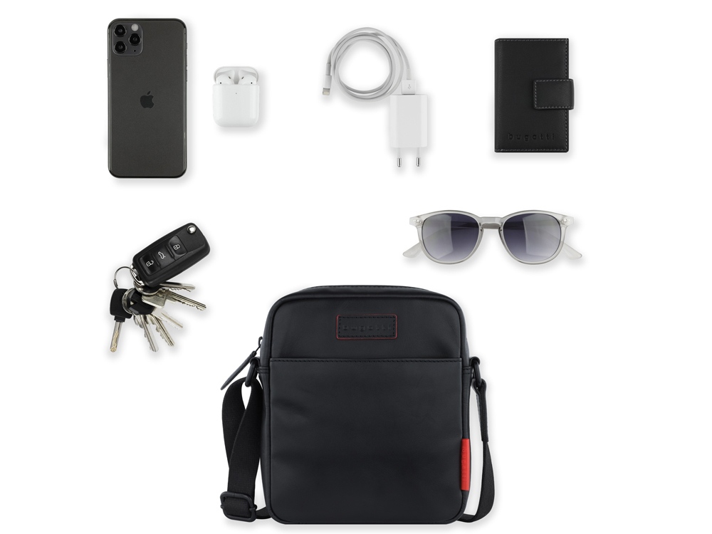 Сумка наплечная мужская BUGATTI Clark, чёрная, воловья кожа/полиэстер, 18х5,5х20 см, 2 л-5