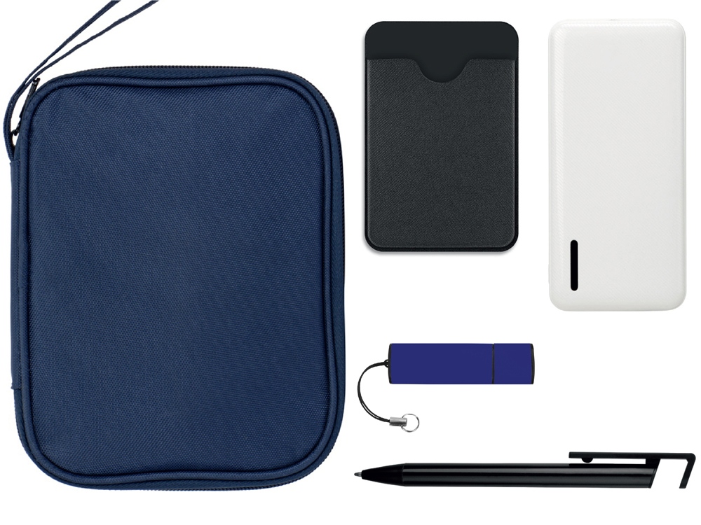 Подарочный набор с флешкой, повербанком и ручкой, темно-синий-0
