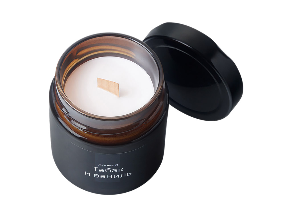 Свеча в стеклянной коричневой банке 200мл, аромат Табак и ваниль, фитиль деревянный-2