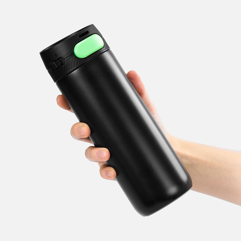 Термостакан X1 с цветной кнопкой, черный с зеленым-4