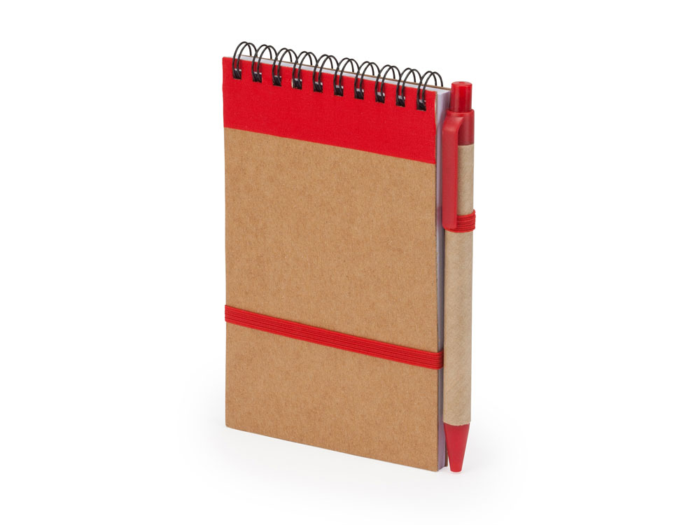 Блокнот LIEN с шариковой ручкой из переработанного картона, крафт/красный-6