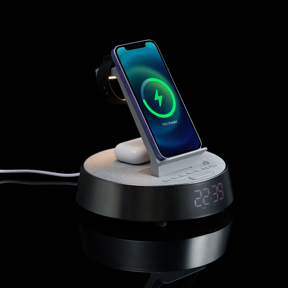 Bluetooth-колонка с беспроводной зарядкой и часами netEnergy, серая-5