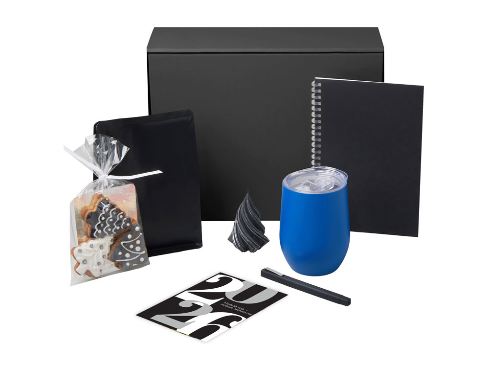 Подарочный набор c термокружкой, блокнотом, ручкой и свечкой, синий-1