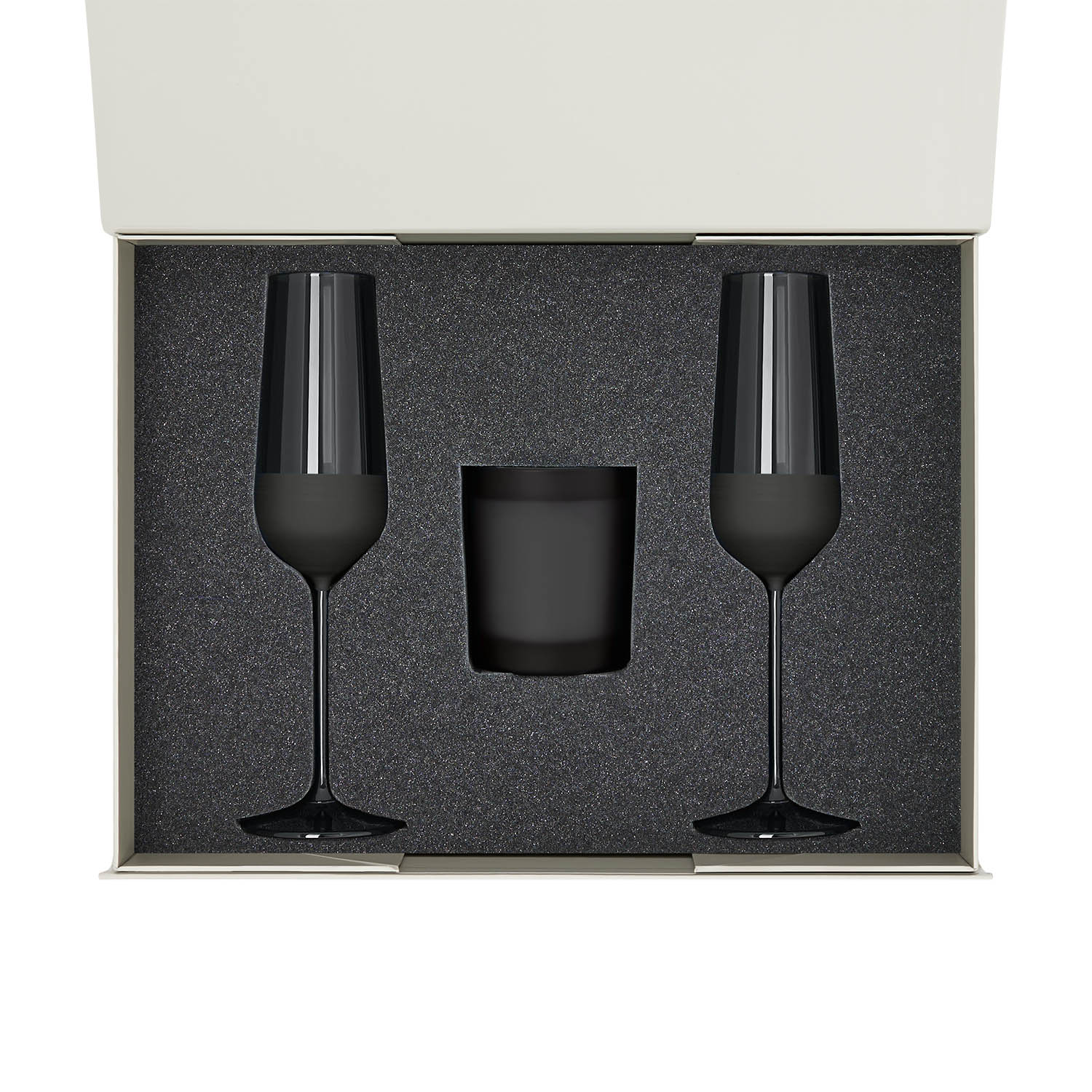 Подарочный набор свеча Enigma + 2 бокала для шампанского Black Edition в серой коробке-1