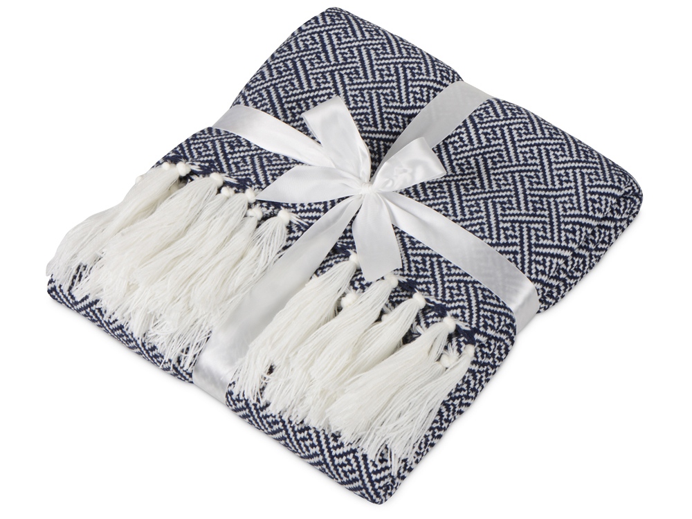 Плед акриловый Tassel с белой бахромой, темно-синий-0