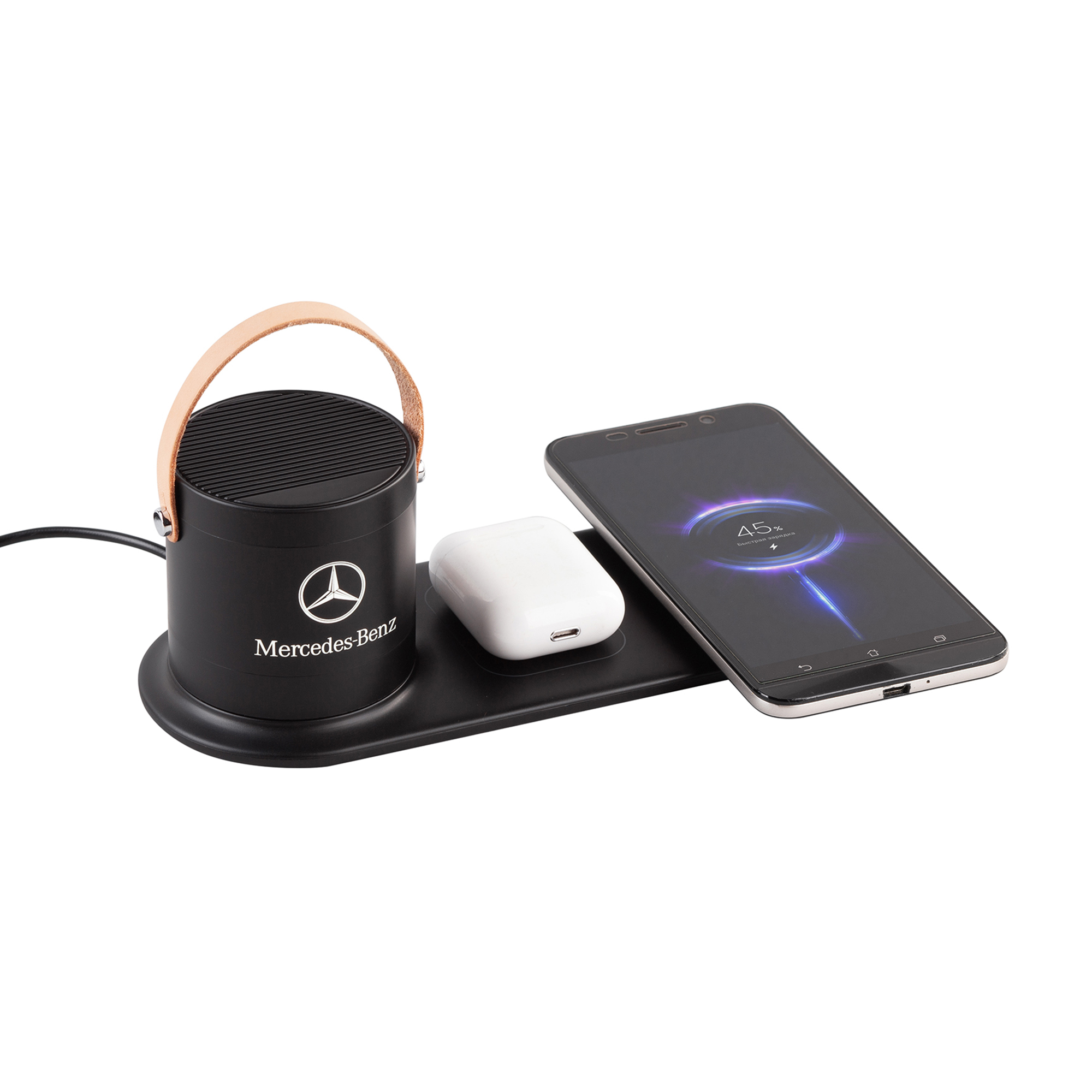 Настольная беспроводная (15W) зарядная станция "Blacksmith" с bluetooth колонкой с подсветкой логотипа-0