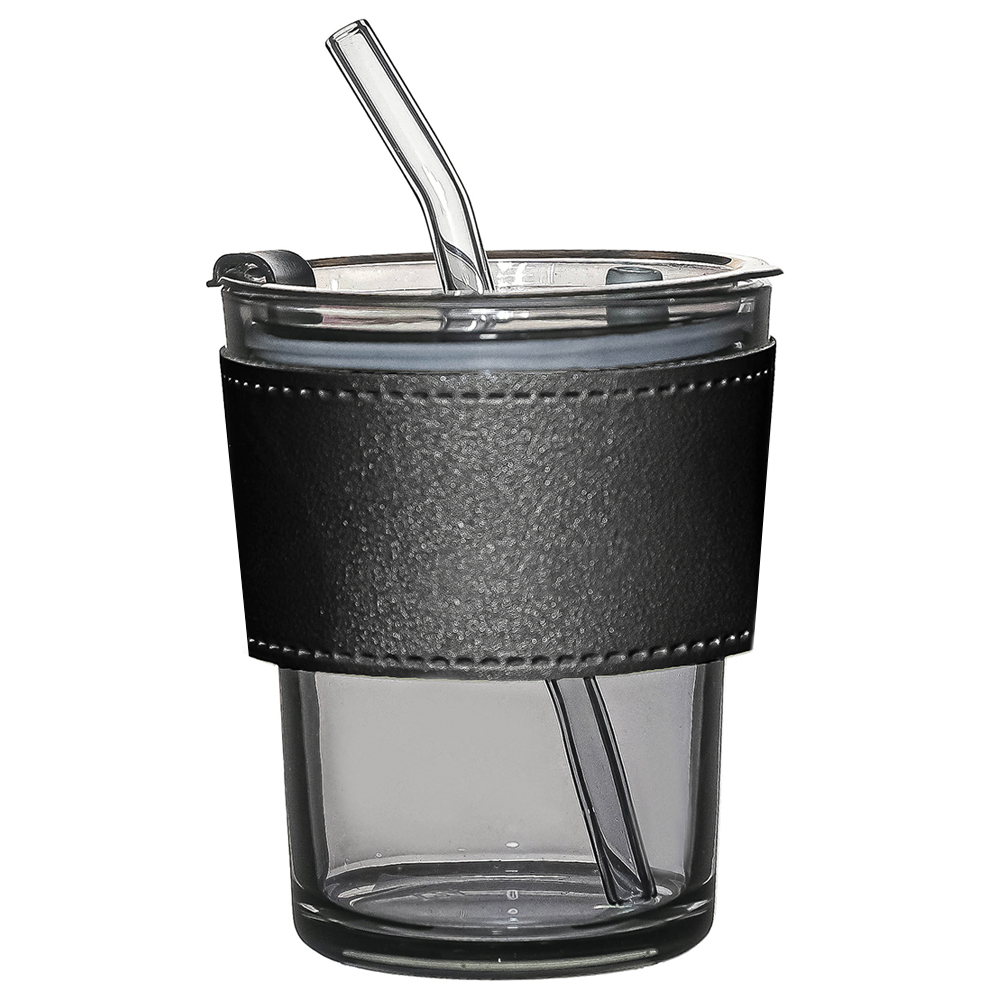 Стакан стеклянный с трубочкой и капхолдером Karamel, Черный-0